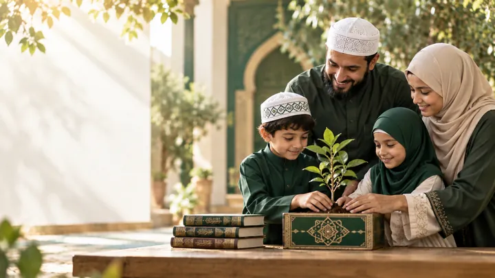 A Muslim family learning together around a young plant