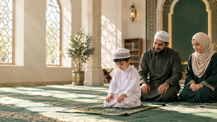 A family sharing prayer and learning in a sunlit mosque