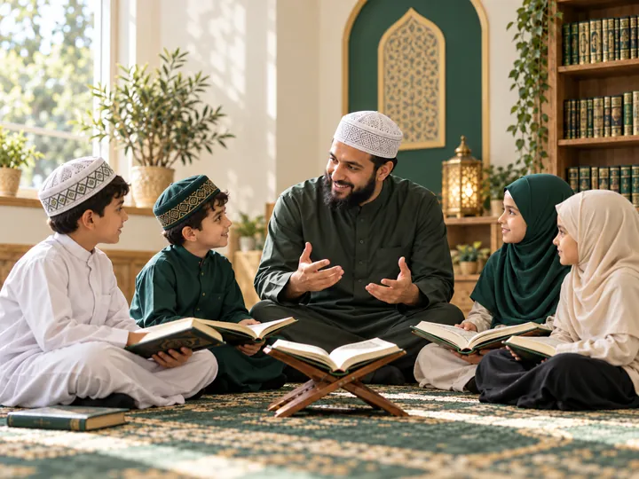 A teacher and students sharing an Islamic learning circle