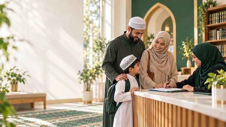 A family being welcomed at an Islamic education centre