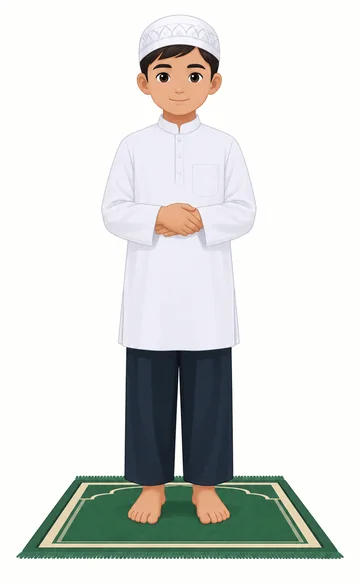 Illustration of a boy in white clothes and a prayer cap standing upright on a green prayer mat with his hands relaxed in front of him.