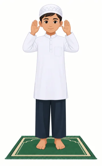 Illustration of a boy standing on a prayer mat with both hands raised beside his ears, palms facing forward.