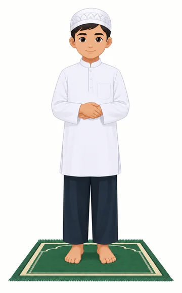 Illustration of a boy standing on a prayer mat with his hands folded in front of him.