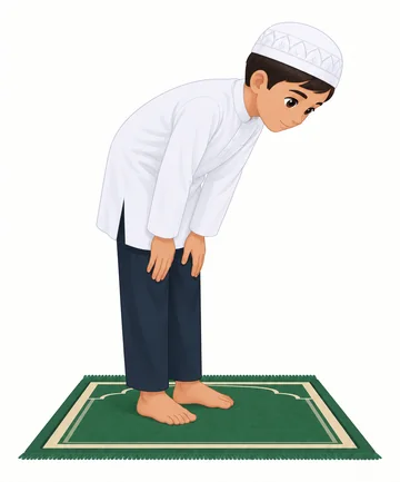 Illustration of a boy bowing forward on a prayer mat with his hands resting on his knees.