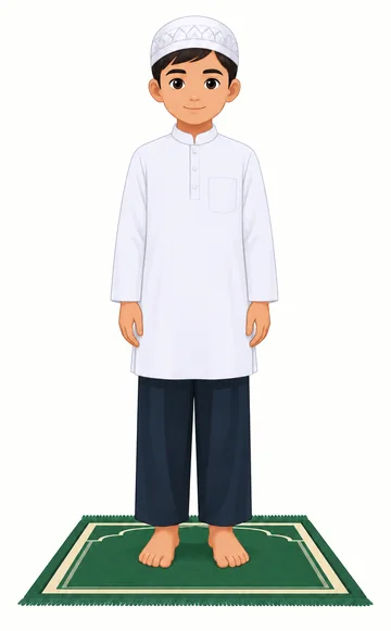Illustration of a boy standing upright on a prayer mat with his arms by his sides.