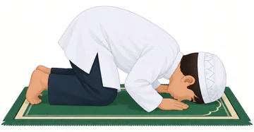 Illustration of a boy prostrating on a prayer mat with his forehead and hands on the ground.