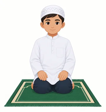Illustration of a boy sitting on his heels on a prayer mat with his hands resting on his knees.