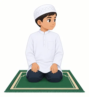 Illustration of a boy sitting on a prayer mat and turning his head to one side.
